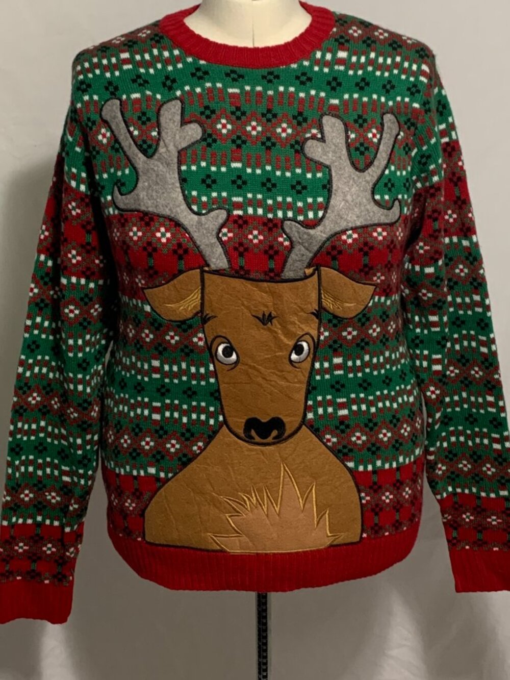 Ugly Christmas Sweater Reindeer Head Drink Beer Holder Red Green MENS Womens M - Picture 3 of 5